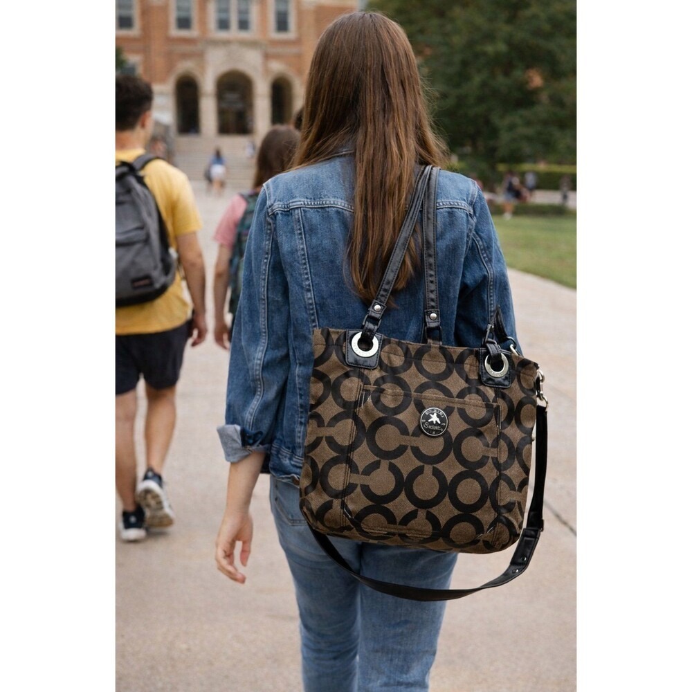 Coach Op Art Tote Bag Brown Black‎ Coated Canvas Crossbody Large Zip Designer